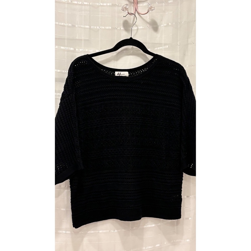 Andrea Jovine Black Pointelle Knit Sweater Elbow Sleeve Cotton Blend Large